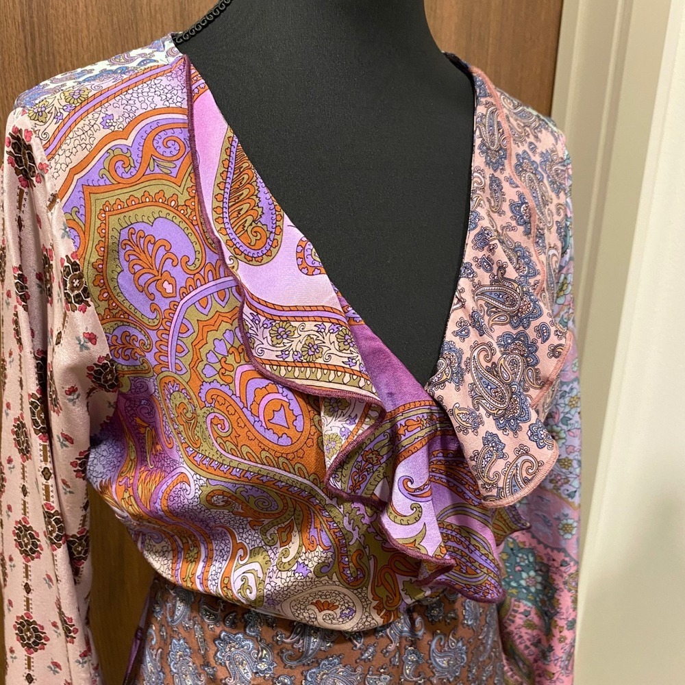 PLENTY by Tracy Reese Vtg Silk Wrap Midi Dress 12 Purple Satin Paisley Floral - Picture 4 of 17